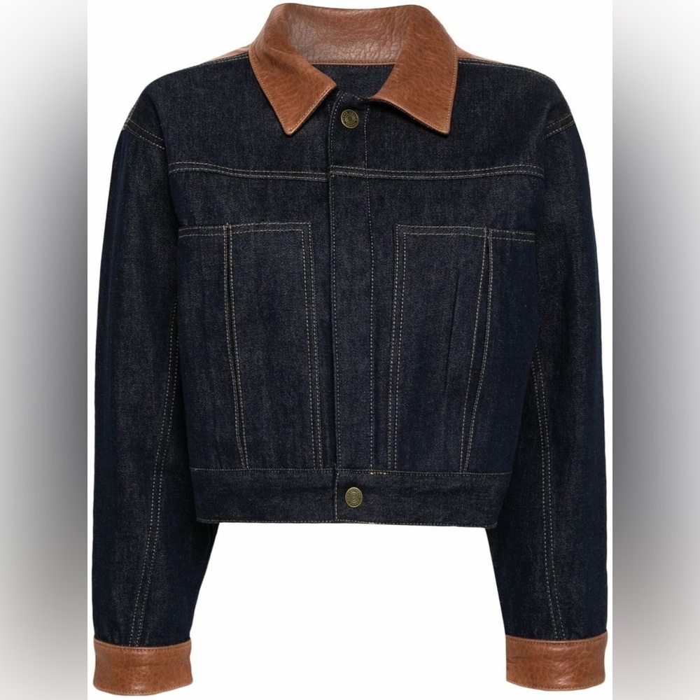 Frame Blue Denim Leather-Trim Jacket - Size L
